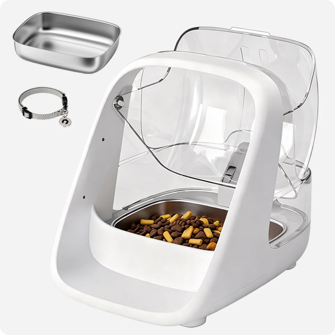 White ePawDen microchip pet feeder with an open transparent lid and a bowl of dry food, with inset views of a stainless steel bowl and an RFID tag on a collar.