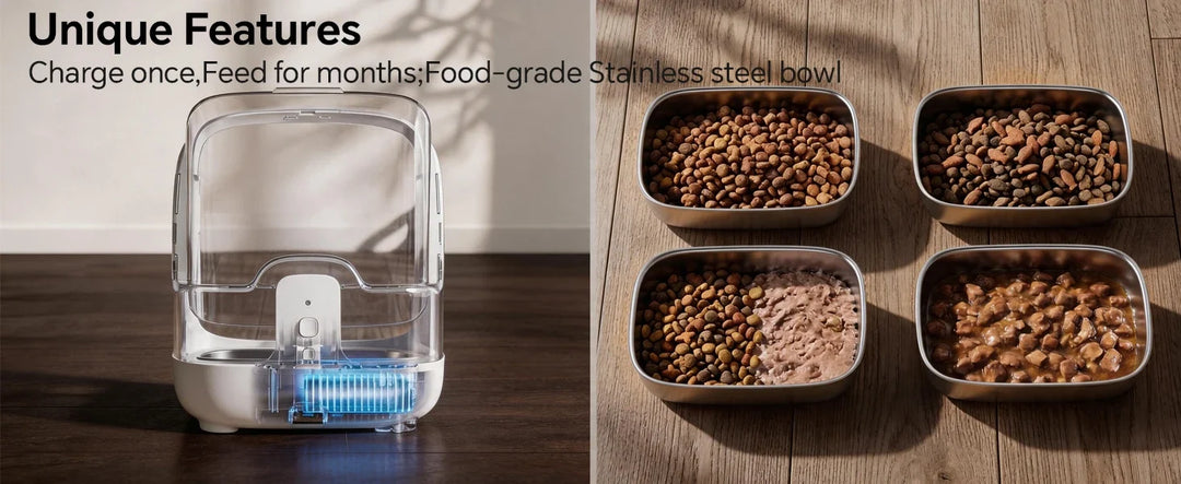 ePawDen feeder with a blue illustrated internal rechargeable battery, beside removable stainless steel food bowls
