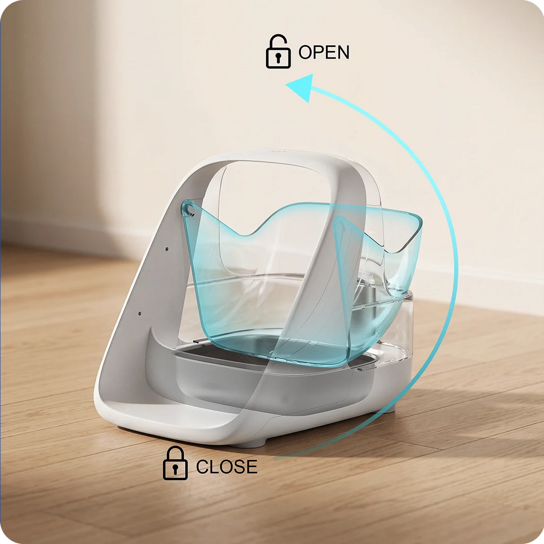 ePawDen microchip pet feeder with its transparent lid shown moving from closed to open, marked by a curved arrow and open and close labels.