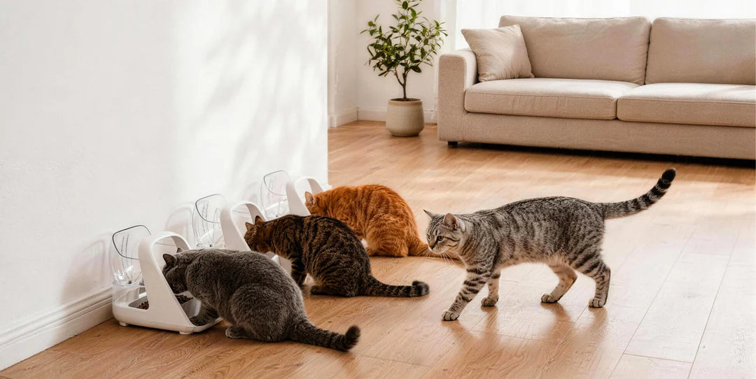 Three cats eating from separate ePawDen microchip pet feeder units along a living-room wall while a fourth cat walks nearby.