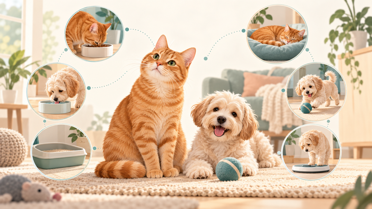 Illustration of a cat and dog with connected scenes of eating, drinking, toileting, sleeping, playing, and body weight tracking.