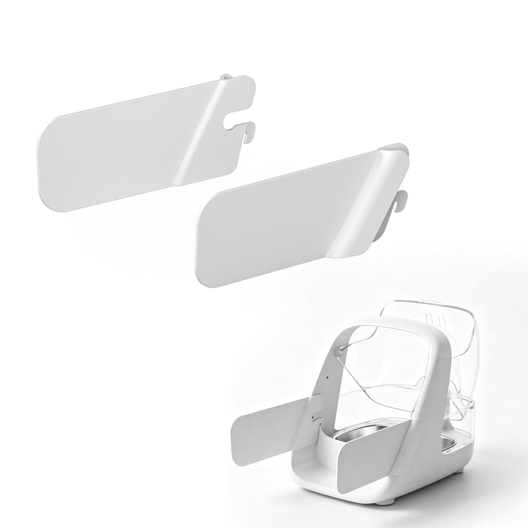 A pair of white ePawDen Side Guards with an ePawDen microchip pet feeder shown as an installation example.