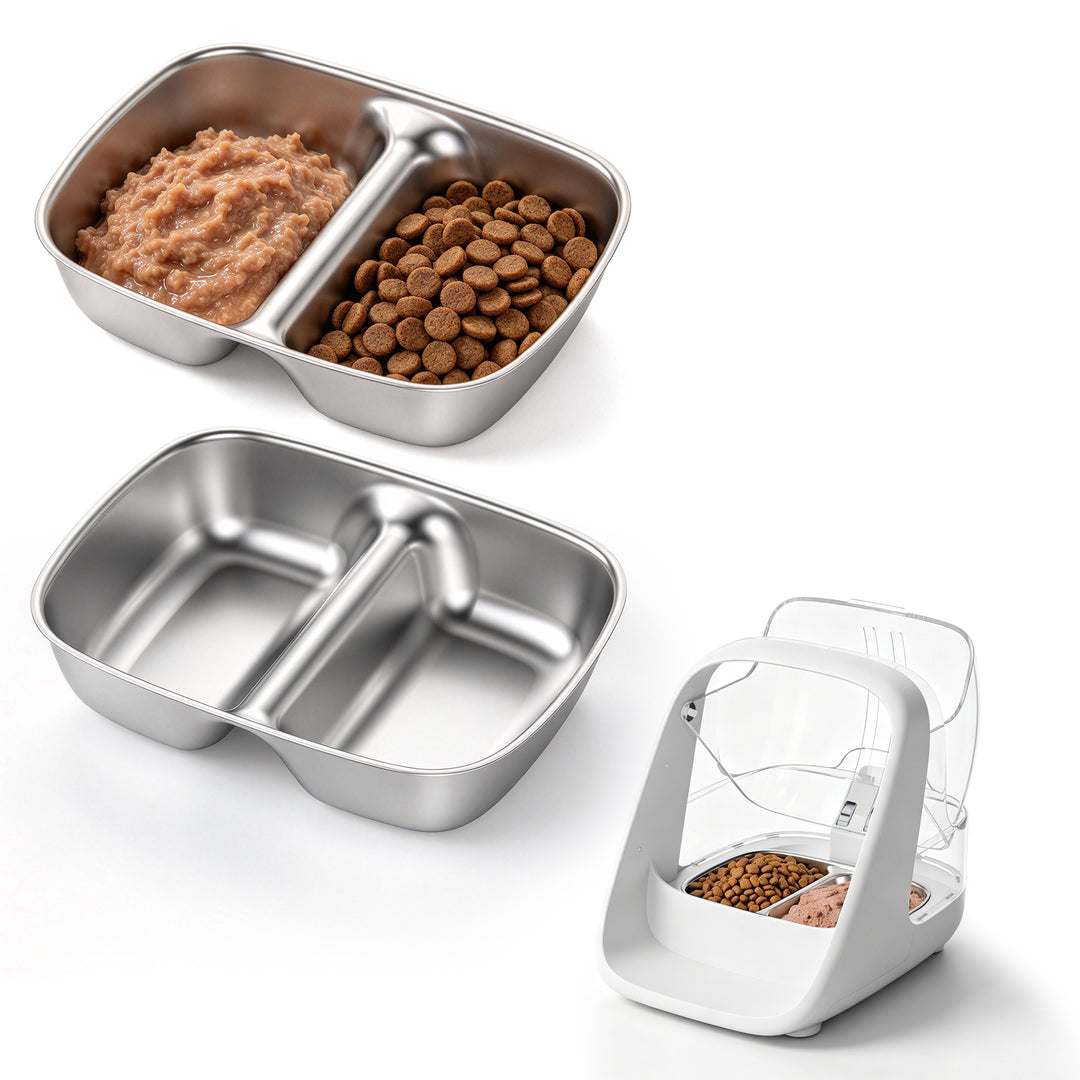 Two ePawDen divided stainless steel bowls for wet and dry food, with feeder shown for fit reference; feeder sold separately