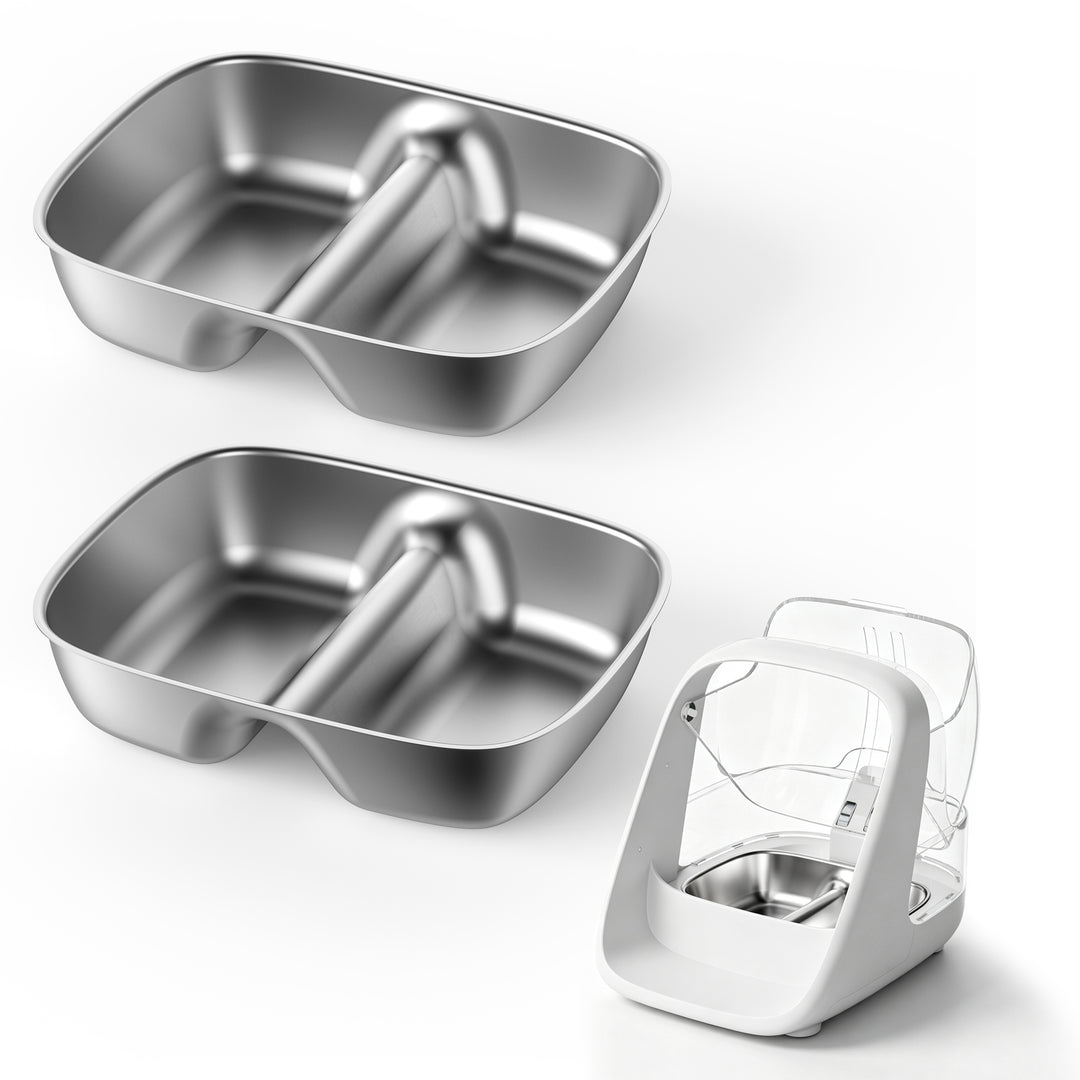 Two ePawDen divided stainless steel bowls, each with two compartments, with a feeder shown for fit reference.