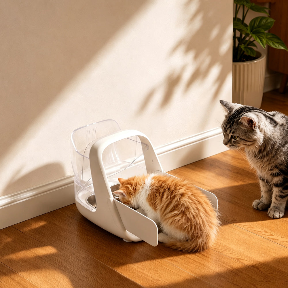 Two cats beside an ePawDen microchip pet feeder in a sunlit home