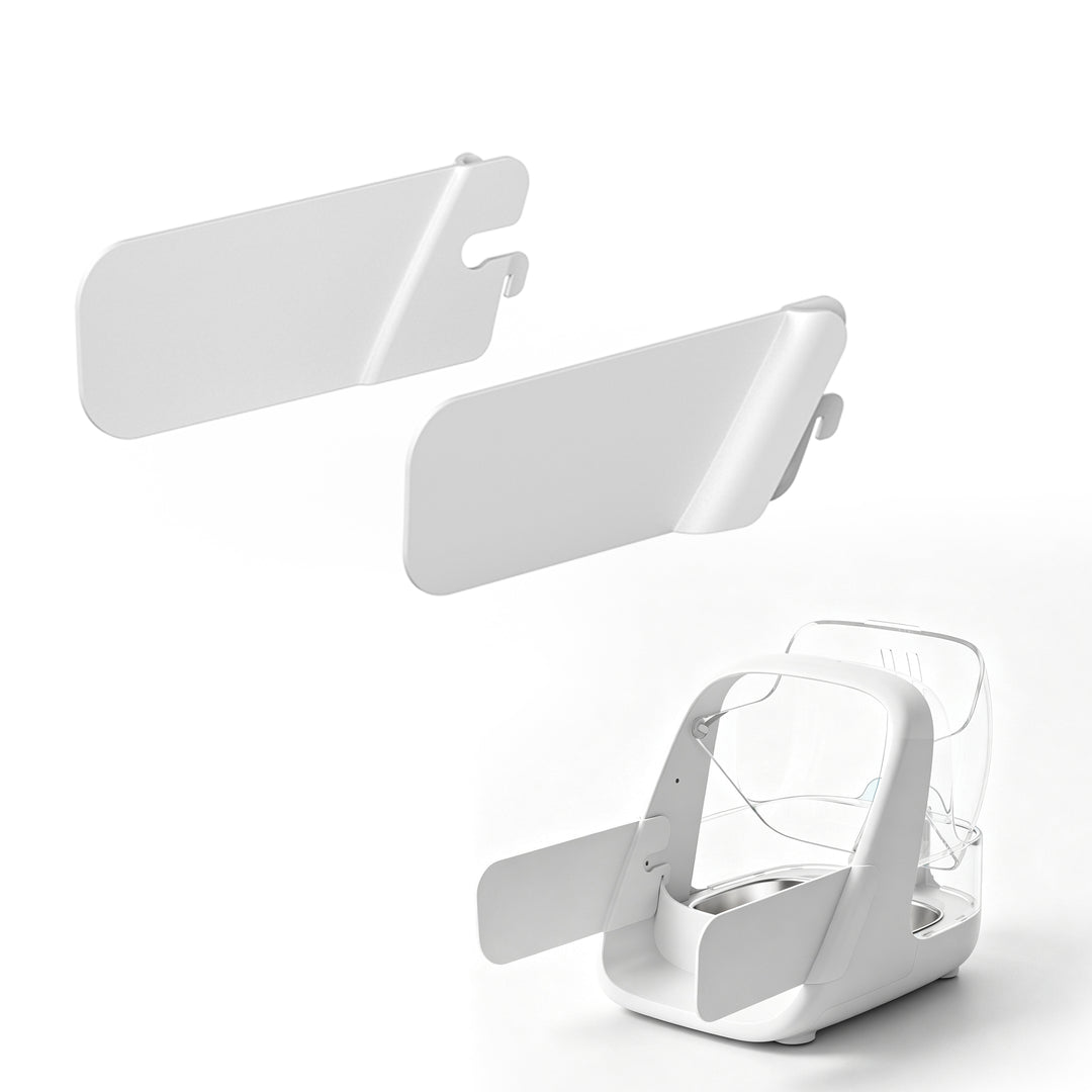 Pair of white ePawDen Side Guards with an example showing placement on both sides of the microchip pet feeder front frame; feeder sold separately.
