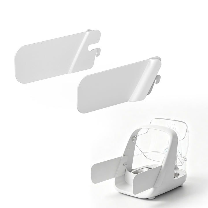 Pair of white ePawDen Side Guards with an example showing placement on both sides of the microchip pet feeder front frame; feeder sold separately.