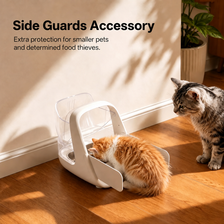 ePawDen microchip pet feeder with Side Guards installed, with one cat eating and another cat nearby.